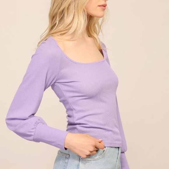 LUMIERE Lavender Square Neck Knit Top | Long Sleeve Fitted Blouse - Picture 3 of 6